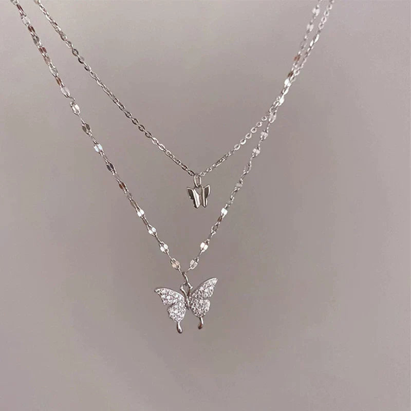 Luxury Silver Double Butterfly Necklace Pendant