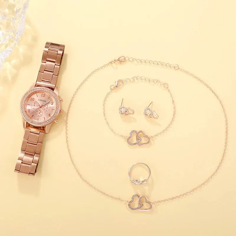 6PCS Set Rose Gold Luxury Watch Women Ring Necklace Earring Rhinestone Fashion Wristwatch Casual Ladies Bracelet Watches